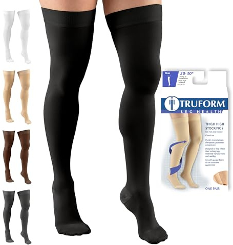 Truform 20-30 mmHg Compression Stockings for Men and Women, Thigh High Length, Dot Top, Closed Toe, Black, Medium