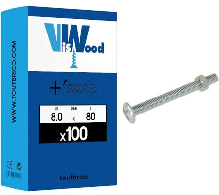 Viswood 601B8080 Boîte de 100 Boulons poêlier Filetage partiel 8,0 x 80 Acier Zingué Blanc