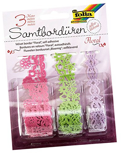 folia 12703 - Samtbordüren Floral, 3 Rollen, sortiert, selbstklebend - ideal zum Verzieren von Wohnaccessoires, Bastelarbeiten und Karten