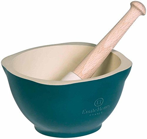 Emile Henry 970255 Mortier Céramique Émaillée Coloris Bleu Feu Doux Diamètre : 15 cm