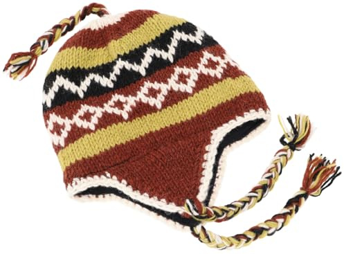 GURU SHOP Wollmütze mit Ohrenklappen, Norwegermütze, warm, braun | Fleecefutter, ideal für kalte Tage, Unisex, aus Nepal, geflochtene Zöpfe