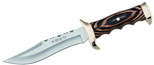 Nieto Bowie Messer, Stahl AN.58, rostfrei, Pakkaholzschalen, Messingbeschläge, braune Lederscheide mit Gürtelschlaufe