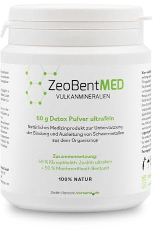 ZeoBent MED 60g ultrafeines Premium Detox-Pulver, Medizinprodukt, Zeolith-Bentonit Mischung, 9µm mit vielfach mehr Oberfläche pro Gramm, Entgiftungskur, Apothekenqualität, Darmreinigung, Heilerde