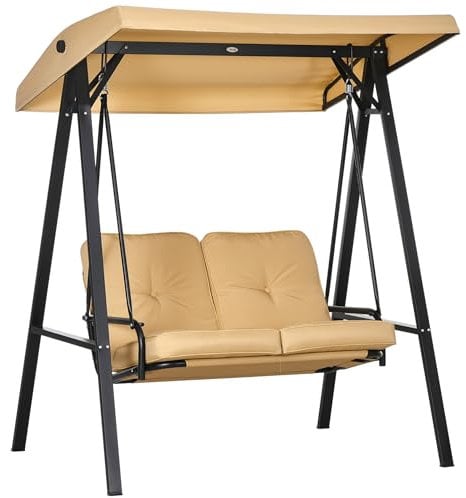 Outsunny 2 Seater Garden Swing Chair with Adjustable Tilting Canopy, Outdoor Hammock Bench with Steel Frame for Patio, Beige