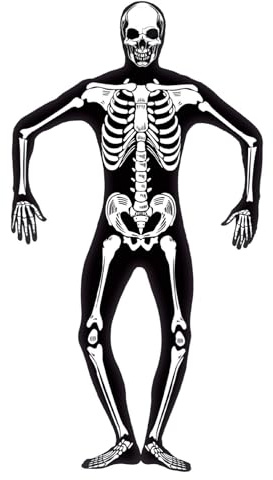 Smiffys Skeleton Second Skin Costume, Black with Concealed Fly & Under Chin Opening, GID, Halloween Adult Fancy Dress, Skeleton Dress Up Costumes