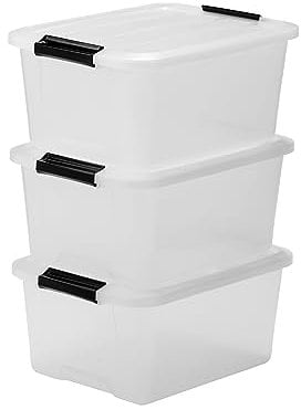 Iris Ohyama Aufbewahrungsbox mit Deckel, 15L, 3er-Set, Transparent, Schnappverschlüsse mit Griffen, Stapelbar, Stark & Langlebig, Für Kleidung, Garage, Zuhause, Büro, Plastikbox, Lagerung TB-15