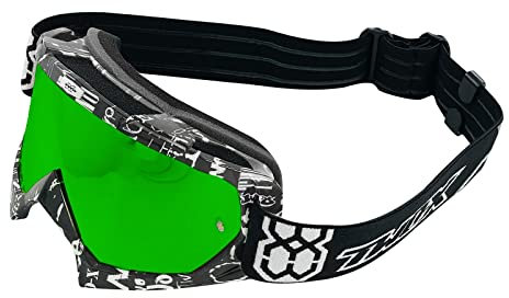 TWO-X Cross-Brille - Motocross-Brille mit verspiegeltem grünen Glas - Motorrad-Brille - Enduro & Downhill Schutz-Brille - Modell Race - Schwarz-Weiß