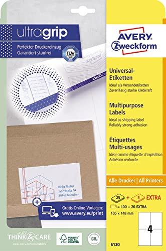 AVERY Zweckform 6120 Universal Etiketten (100 plus 20 Klebeetiketten extra, 105x148mm auf A4, Papier matt, bedruckbare Versandetiketten, selbstklebende Versandaufkleber mit ultragrip) 30 Blatt, weiß