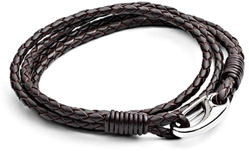 Tribal Steel Brown Braided Double Wrap Leather Bracelet - Men's 21cm Leather Bracelet with a Stainless Steel Shrimp Clasp