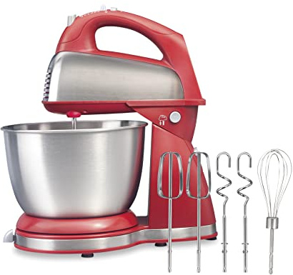Hamilton Beach Batidora clásica de soporte y mano, 4 cuartos de galón, 6 velocidades con QuickBurst, reposa-cuencos, potencia máxima de 290 vatios, rojo (64654)