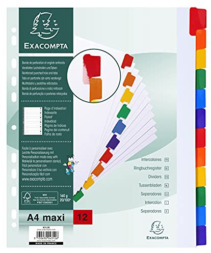 Exacompta 4312E Karton-Register Weiß in Überbreite für DIN A4 MAXI aus starkem Karton 12-teilig volle Höhe 24 x 29,7 cm weiße Blätter 2 x 6 farbige und verstärkte Taben Trennblätter Trennstreifen