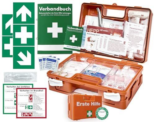 Erste-Hilfe-Koffer (mit Füllung nach aktueller DIN 13157) - incl. Verbandbuch & Wandhalterung für Betriebe + Folien-Aufkleber 1.Hilfe-Kennzeichnung