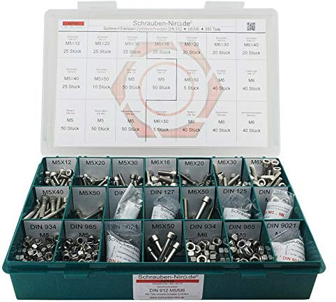 Sortiment M5 + M6 DIN 912 Edelstahl A4 (V4A) Zylinderschrauben (Innensechskant) - Set bestehend aus Schrauben, Unterlegscheiben (DIN 125, 127, 9021) und Muttern (DIN 934, 985) - 650 Teile