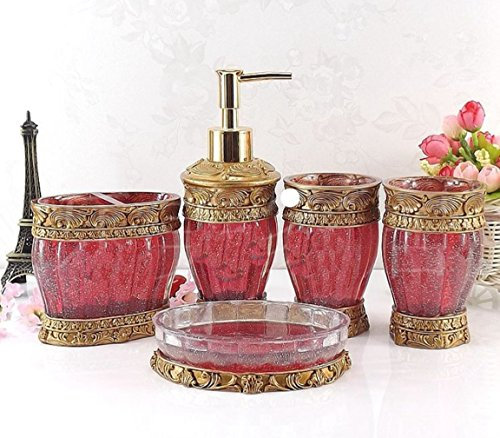 HONGS kontinental Luxus 5tlg Bad-WC Garnitur Badezimmer Set Bürste Becher Seifenspender Badgarnitur,Rot