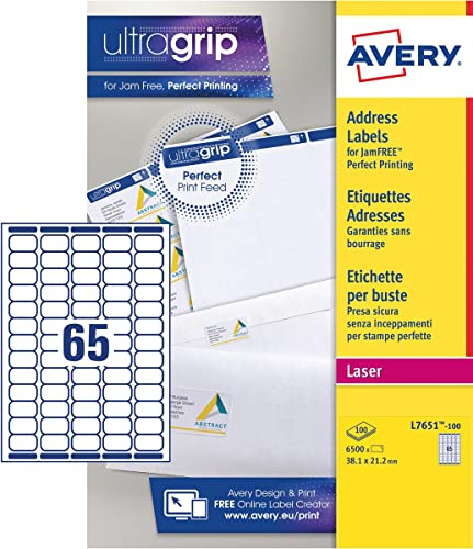 Avery L7651-100 weiße selbstklebende Etiketten, 6500 Stück, 38,1 x 21,2 mm, A4-Papier, A4-Blatt, für Laserdrucker, Staufunktion, FSC-zertifiziert, für Adressierung und Versand