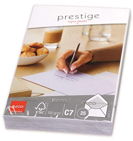 Elco 79307.12 Prestige Verpackung mit 25 Briefumschläge/Versandtasche, gummiert, Innendruck, C7, 100g, hochweiss, Fenster: nein