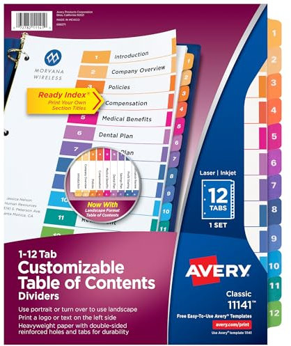 Avery 12 Registerkarten für 3-Ringordner, anpassbares Inhaltsverzeichnis, mehrfarbige Register, 1 Set (11141)