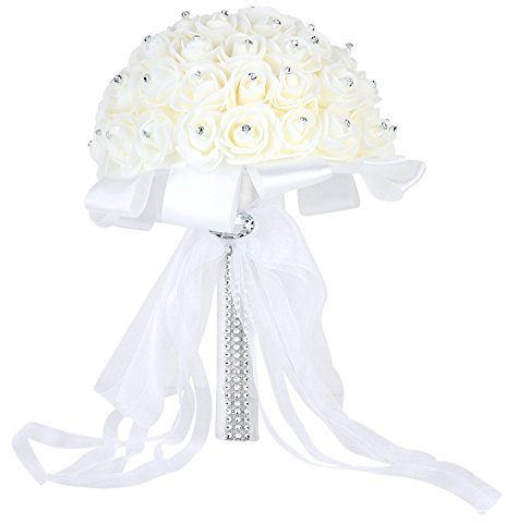 Wedding Bouquet Artificial Rose Bouquets Beautiful Bridal Bridesmaid Flower Crystal Rhinestone Artificial Silk Flowers White