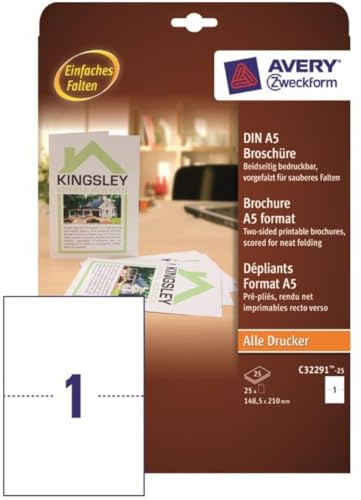 Avery Zweckform C32291-25 Broschüre DIN A5, für Inkjet- und Laser-Drucker, 148,5 x 210 mm, 25 Blatt, weiß