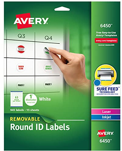 Avery Multiuse Removable 1 Round Labels with Sure Feed, 945 Small White Labels for Organization and Storage (6450)