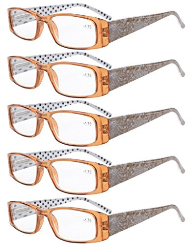 Eyekepper 5 Paia Occhiali da Lettura Aste Reticolo di Fiore per Donne Lettori in Plastica Lenti Trasparenti Colore Marrone Diottria 1.75