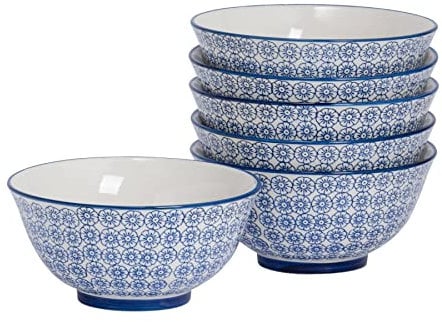 Nicola Spring Patterned Cereal Bowls - Navy - 16cm - Pack of 6 - Hand Printed Japanese Style Porcelain Serving Bowls for Dessert, Pasta, Cereal, Salad, Noodles, Soup