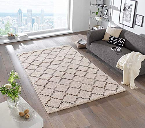 Mint Rugs Hochflor Teppich Nouveau, Weich und Flauschig, Geometrisches Design (200x290 cm, 2 cm Florhöhe, 100% Polypropylen, robust und Fußbodenheizung geeignet), Creme Braun meliert