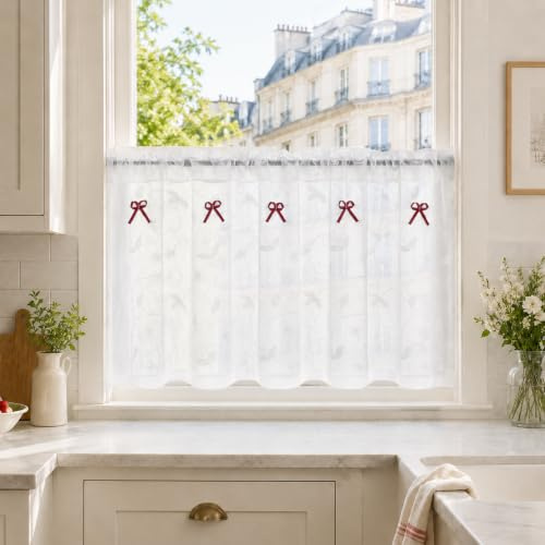 Yujiao Mao Scheibengardine mit Blumenstickerei, Weiß, BxH 130x120 cm | Bestickte Bistrogardine mit Schleifen, Voile-Küchengardine, Kurzvorhang für Kleine Fenster, Sichtschutz, Landhausstil