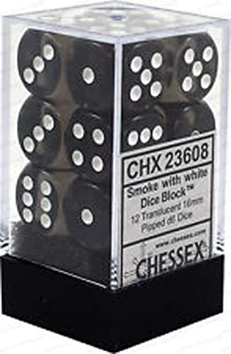 Chessex Translucent 16mm d6 with pips Dice Blocks (12 Dice) - Smoke w/White