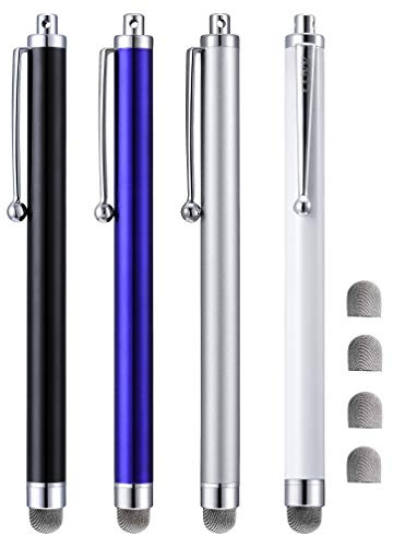 CCIVV Stylus, 4pcs 5.0 Hybrid Mesh Fiber Tip Stylus Pens for Touch Screen, Compatible with iPad, iPhone, Kindle Fire + 4 Extra Interchangeable Hybrid Fiber Tips (White, Black, Silver, Blue)