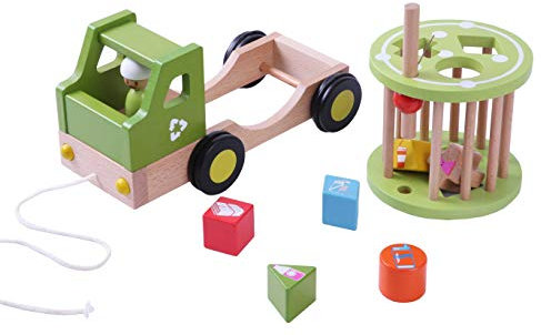 EverEarth Nachzieh Spielzeug Recycling Truck aus nachhaltigem Holz - animiert zum Rutschen, Krabbeln, Laufen - Zieh Spielzeug mit Bewegung und Motorikspiel - Ziehspielzeug EE33782