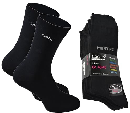 Cocain underwear 7 | 14 | 21 Paar Damen & Herren Socken schwarz mit Wochentag am Schaft 7-Tage-Socken in Grössen 35-38, 39-42, 43-46 oder 47/50