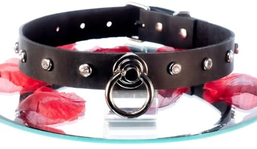SiaLinda: Halsband echtes Leder schwarz mit transparenten 8 Straß - Kristallen und großem O-Ring 20mm, Geschenkverpackung