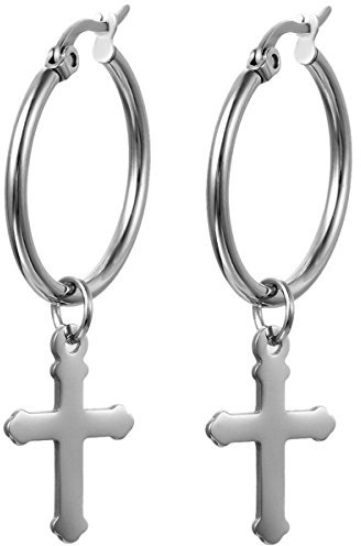 JewelryWe Kreuz Ohrringe Damen Herren: Edelstahl Poliert große Runde Creolen Huggie Ohr Manschette Ohrhänger Ohrstecker mit Kreuz Anhänger Hängende Ohrringe für Männer Frauen Silber
