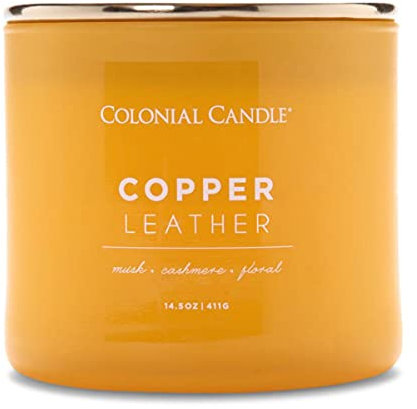 Colonial Candle Duftkerze im Glas mit Deckel | Copper Leather | Duftkerze Leder | Kerze 3 Docht | Kerzen lange Brenndauer bis zu 60h | Kerzen Gelb (411g)