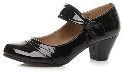 AJVANI mid Heel Mary Jane Strap Smart Work Comfort Court Shoes Size 4 37 Black Patent