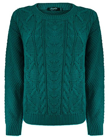 TOP VENDOR Ladies Cable Knitted Crew Round Neck Long Sleeve Womens Jumper Sweater Size 8-14 [Bottle Green,SM(8-10)]
