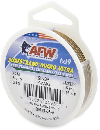 American Fishing Wire Surfstrand Micro Ultra, Bare 1x19 Stainless Steel Leader Wire, 6 lb Test, 0.006 Diameter, Camo, 5 m