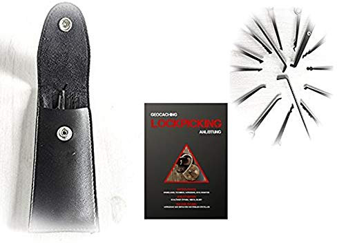 Hochwertiges Lock Picking Werkzeug -Profi - hochwertiges Set mit Anleitung 12 Teile mit Ledertasche - Schlösser knacken - Hobby - Übungsschloss - Geocaching Lockpicking