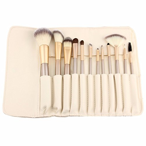 12 Piece Makeup Brushes Set | Horse Hair Professional Kabuki Makeup Brush Set Cosmetics Foundation Makeup Brushes Set Kits with White Cream-colored Case Bag by YOA