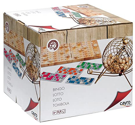 Cayro - Bingo - + 6 Años - Modelo Delux - Juego de Mesa - para Niños y Adultos - Tablero Plegable y Bolas de Madera - Bombo Metálico - 2 a 8 Jugadores