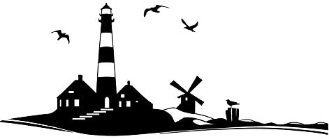 Grandora Wandtattoo Wandsticker Skyline Strand Leuchtturm Möwen I schwarz (BxH) 58 x 24 cm I Wanddeko Schlafzimmer Wohnzimmer Flur Aufkleber Wandaufkleber W946