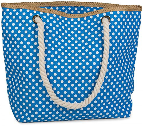styleBREAKER Strandtasche mit Punkte Muster und Kordelgriffen | großes Hauptfach mit Reißverschluss | inkl. abnehmbarer Kosmetiktasche | Shopper Damen mit Bast-Detail, Farbe:Blau-Weiß