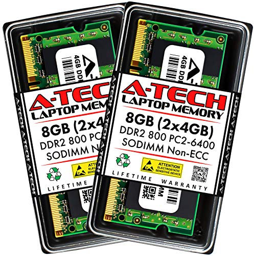 A-Tech 8GB (2x4GB) DDR2 800MHz SODIMM PC2-6400 1.8V CL6 200-Pin Non-ECC Unbuffered Laptop RAM Memory Upgrade Kit