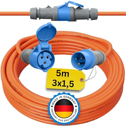 Camping Kabel 5 Meter CEE Verlängerungskabel 5m Außen H07BQ-F 3x1,5 Strom Wohnwagen Landstromanschluss Wohnmobil Caravan Orange Verlängerung Stromkabel Verlaengerungskabel Outdoor