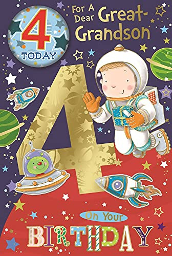 Great Grandson 4th Birthday Card & Badge - 4 Today Boy in Space 9 x 6