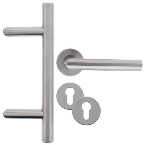 ToniTec Stossgriff Edelstahl für Haustür Türgriff Set Schräg Rosettengarnitur + Befestigung (350mm, Achsmaß 210mm)