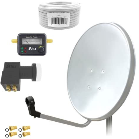 60cm HD Sat Anlage Quad LNB + 50m Koaxialkabel 135dB + Satfinder + 4 F-Stecker Digital 4 Teilnehmer Antenne Weiss UHD 4K