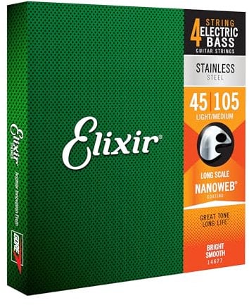 Elixir Cuerdas de bajo de 4 cuerdas Strings de acero inoxidable con recubrimiento NANOWEB, escala larga, calibre ligero/mediano (.045-.105)