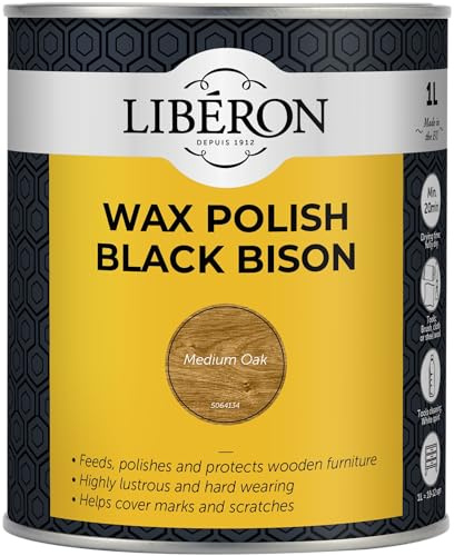 Libéron Wax Polish Black Bison Paste for Wood, Medium Oak, 1L | With added carnauba wax, Feeds, polishes & protects, Covers marks & scratches, Hard-wearing & lustrous finish